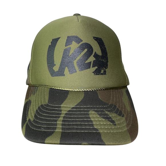 Vintage K2 Snowboarding Hat Cap Snapback Green Camouflage Trucker Snapback GUC - Picture 1 of 7